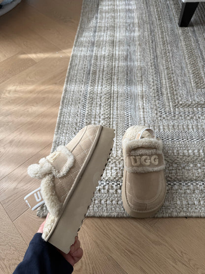 Izwear Violet Metalasse Shearling Platform Slippers In Sand Colorway