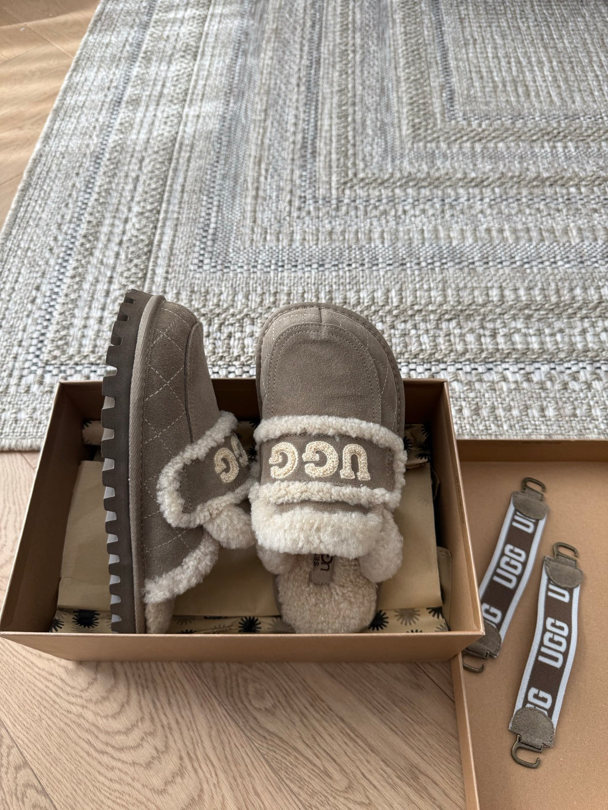 Gray Suede And Shearling Platform Slide Slippers