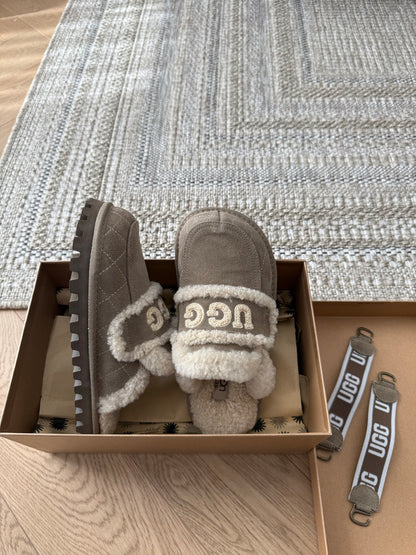 Gray Suede And Shearling Platform Slide Slippers
