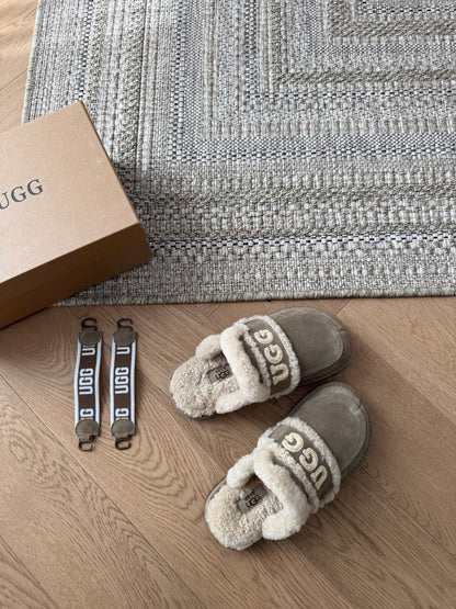 Gray Suede And Shearling Platform Slide Slippers