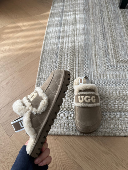 Gray Suede And Shearling Platform Slide Slippers
