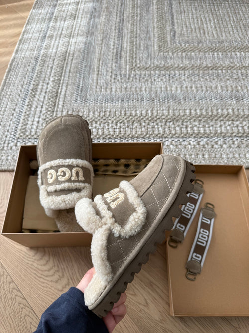 Gray Suede And Shearling Platform Slide Slippers